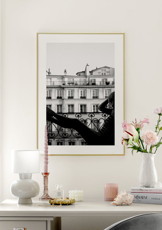 Watercolor balcony view poster for nursery and home wall decor.