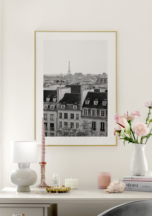 Watercolor paris cityscape poster for nursery and home wall decor.