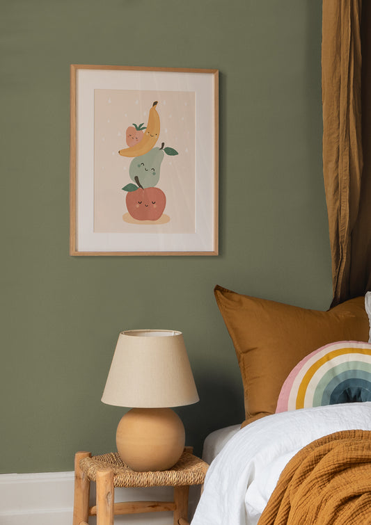 Watercolor smiling fruits poster for nursery and home wall decor.