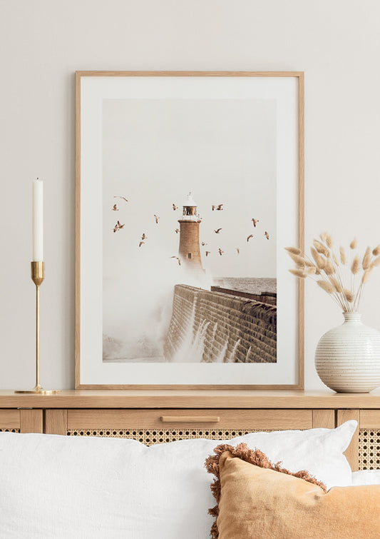 Watercolor dramatic lighthouse poster for nursery and home wall decor.