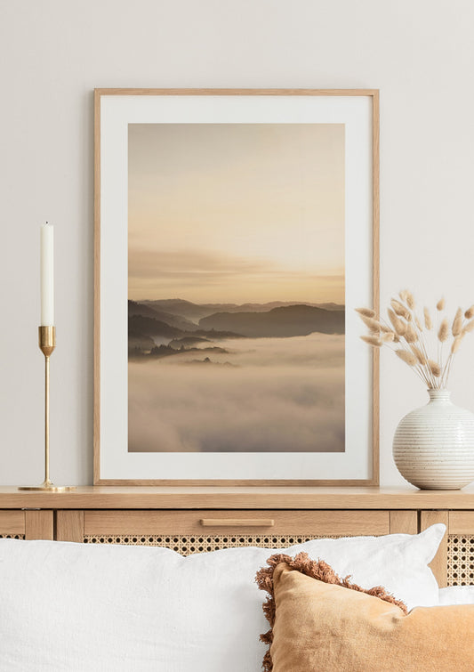 Watercolor sea of clouds poster for nursery and home wall decor.