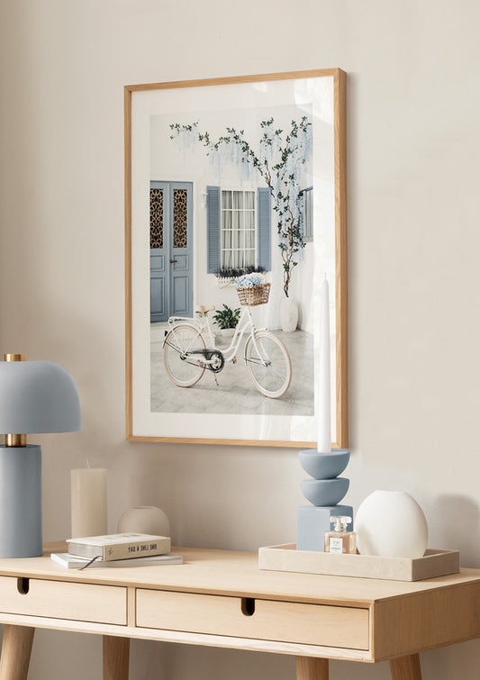 Watercolor white bike poster for nursery and home wall decor.