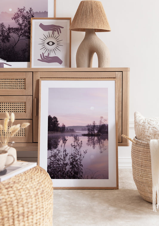 Watercolor calm lake at sunset poster for nursery and home wall decor.