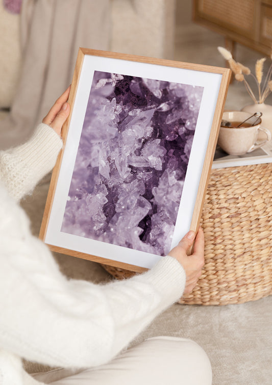 Watercolor purple crystals poster for nursery and home wall decor.