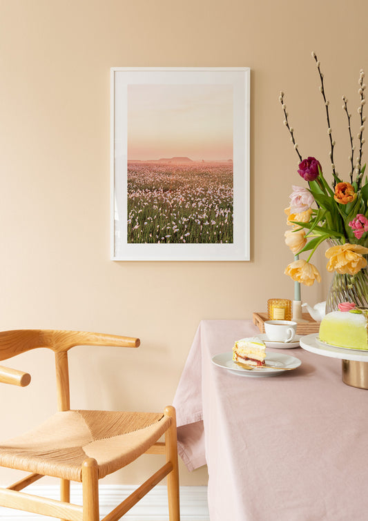 Watercolor flower field sunset poster for nursery and home wall decor.