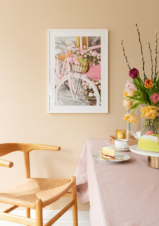 Watercolor pink bike with flowers poster for nursery and home wall decor.