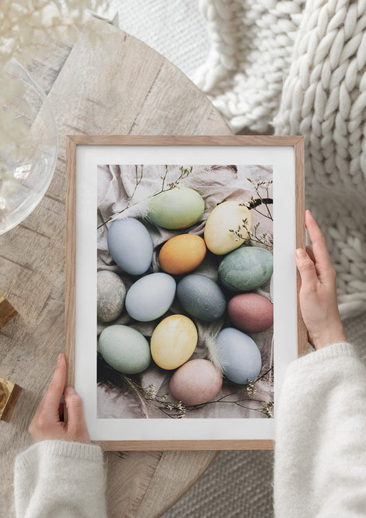 Watercolor pastel colorful eggs poster for nursery and home wall decor.