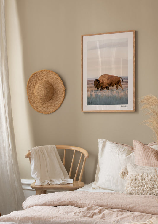 Watercolor american bison poster for nursery and home wall decor.