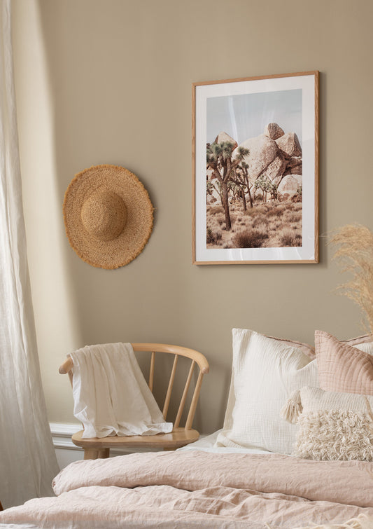 Watercolor joshua tree rocks poster for nursery and home wall decor.