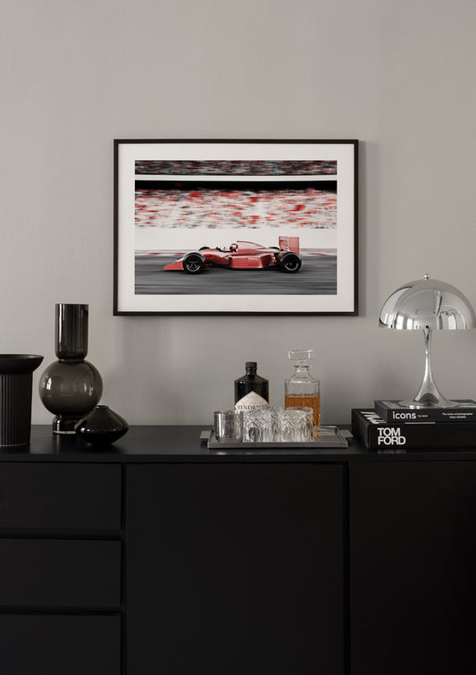 Watercolor red race car poster for nursery and home wall decor.