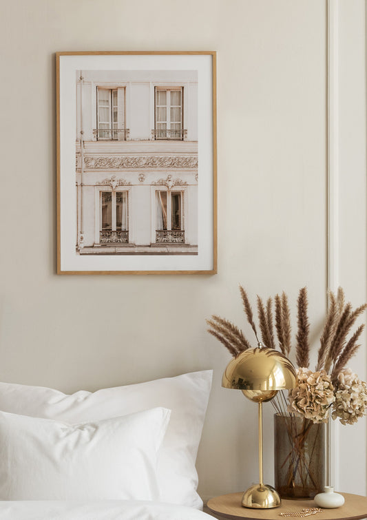 Watercolor paris facade poster for nursery and home wall decor.