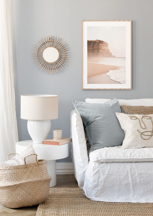Watercolor foggy beach poster for nursery and home wall decor.