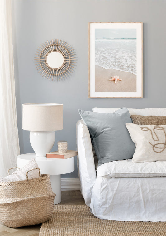Watercolor starfish in focus poster for nursery and home wall decor.