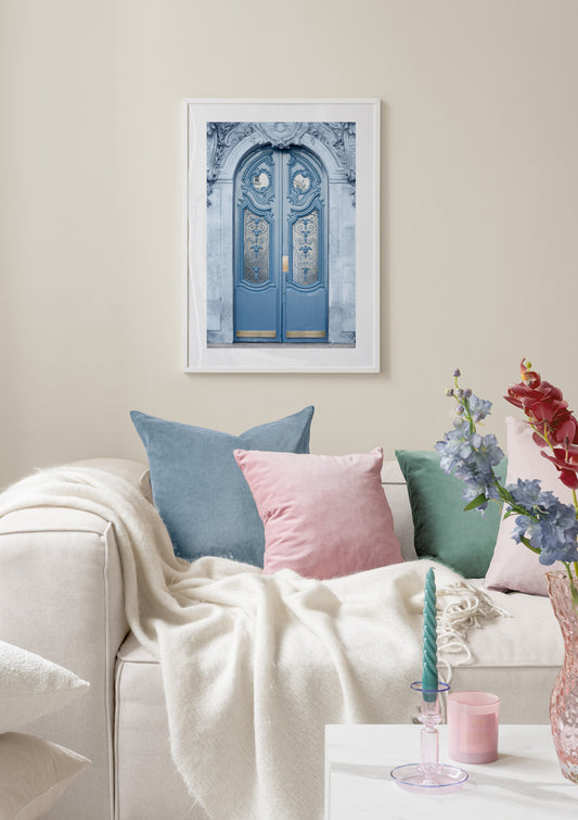 Watercolor blue door poster for nursery and home wall decor.