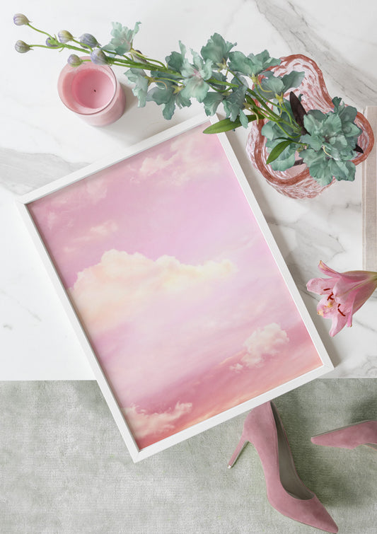 Watercolor pink clouds poster for nursery and home wall decor.