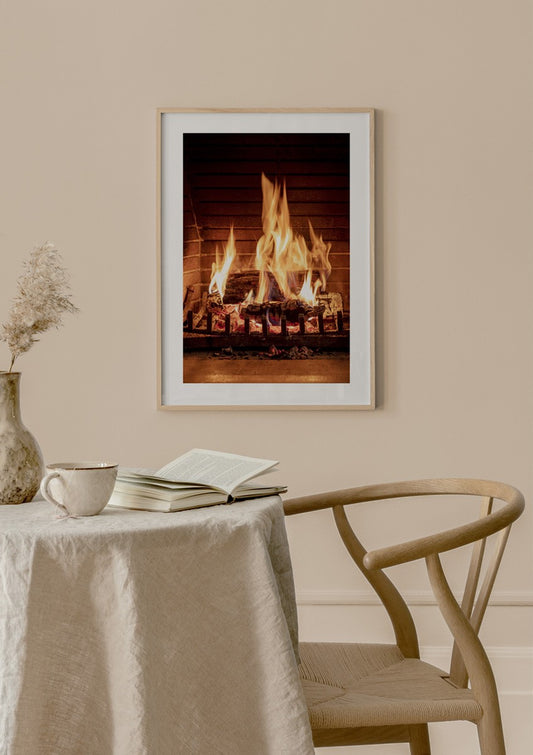 Watercolor fireplace poster for nursery and home wall decor.