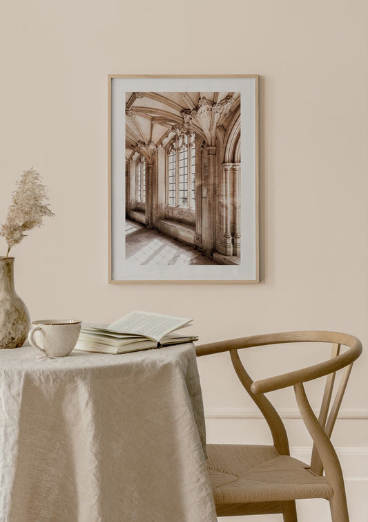 Watercolor castle sunlight poster for nursery and home wall decor.