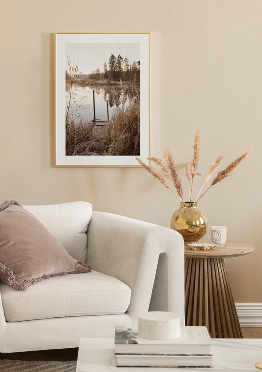 Watercolor morning serenity lake poster for nursery and home wall decor.
