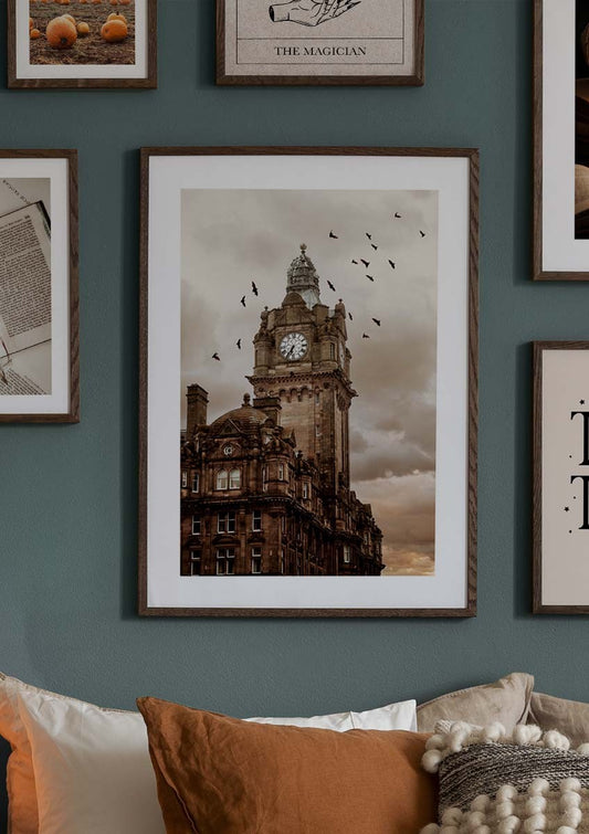 Watercolor bats by the building poster for nursery and home wall decor.