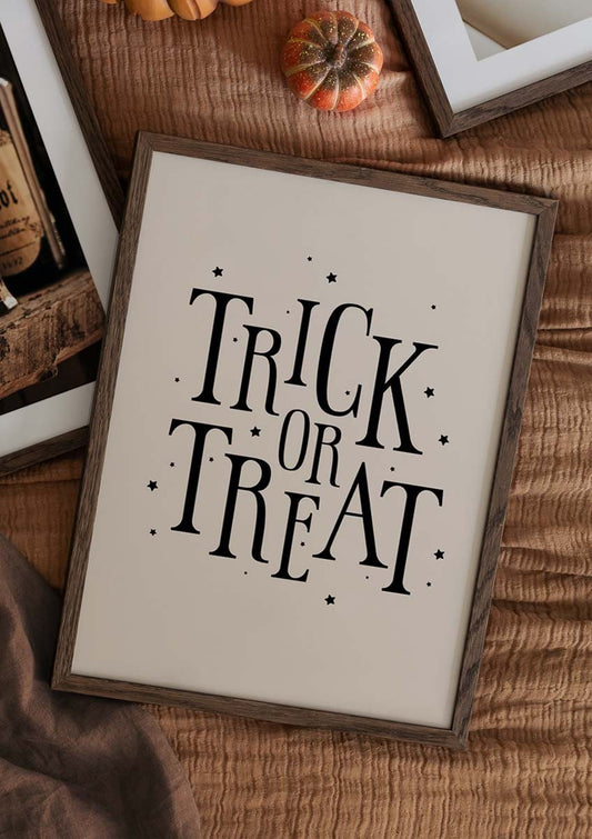 Watercolor trick or treat poster for nursery and home wall decor.