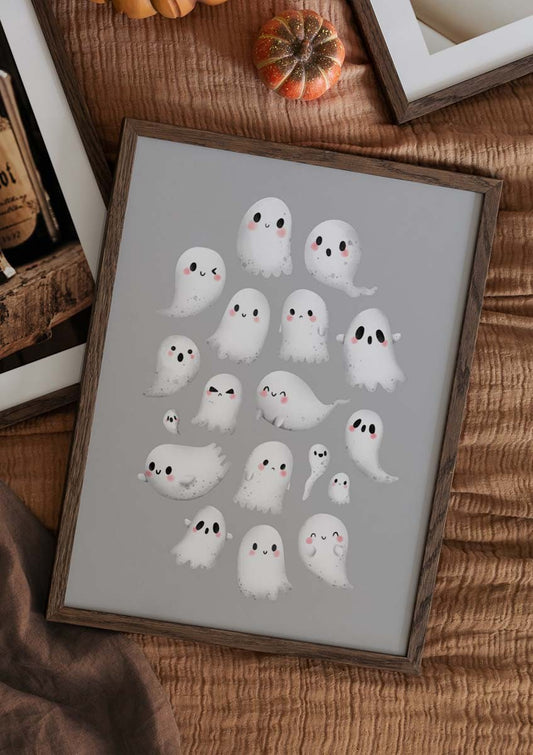 Watercolor cute ghosts poster for nursery and home wall decor.