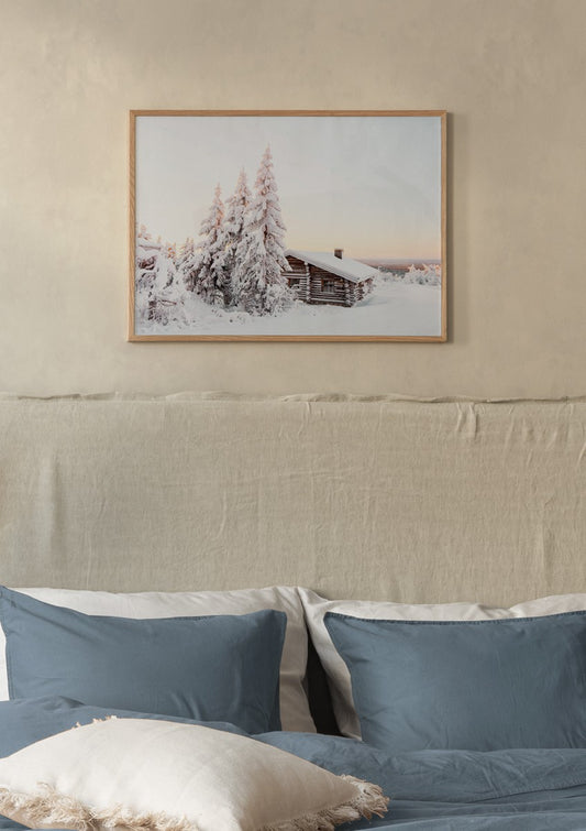 Watercolor winter cabin poster for nursery and home wall decor.