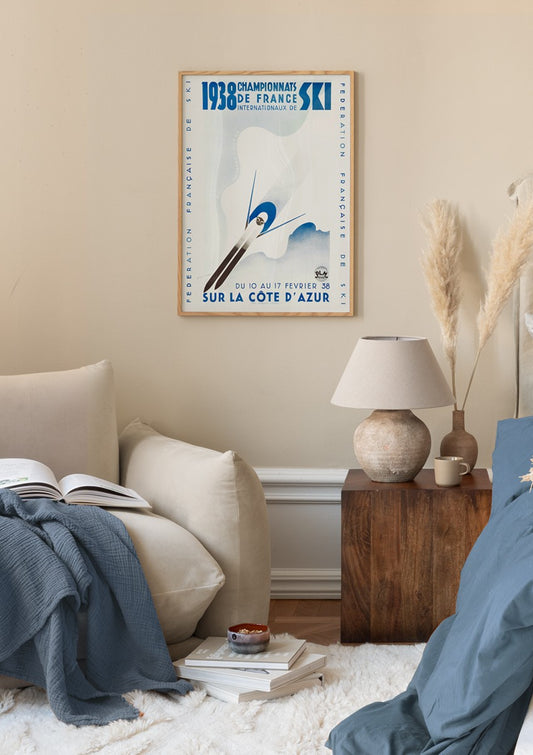 Watercolor vintage french ski poster for nursery and home wall decor.