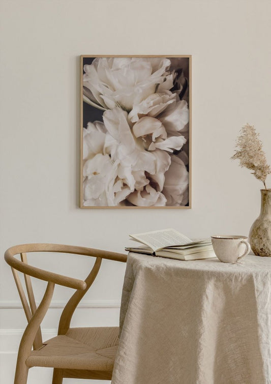 Watercolor peonies in bloom poster for nursery and home wall decor.