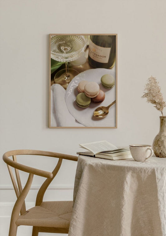 Watercolor wine and macarons poster for nursery and home wall decor.