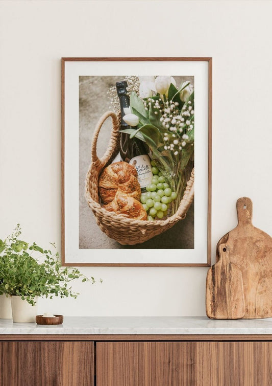 Watercolor picnic basket poster for nursery and home wall decor.
