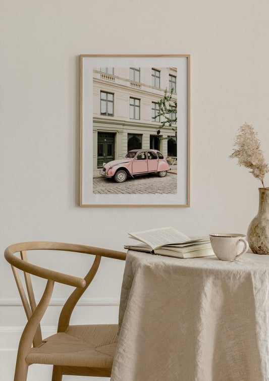 Watercolor pink retro car poster for nursery and home wall decor.