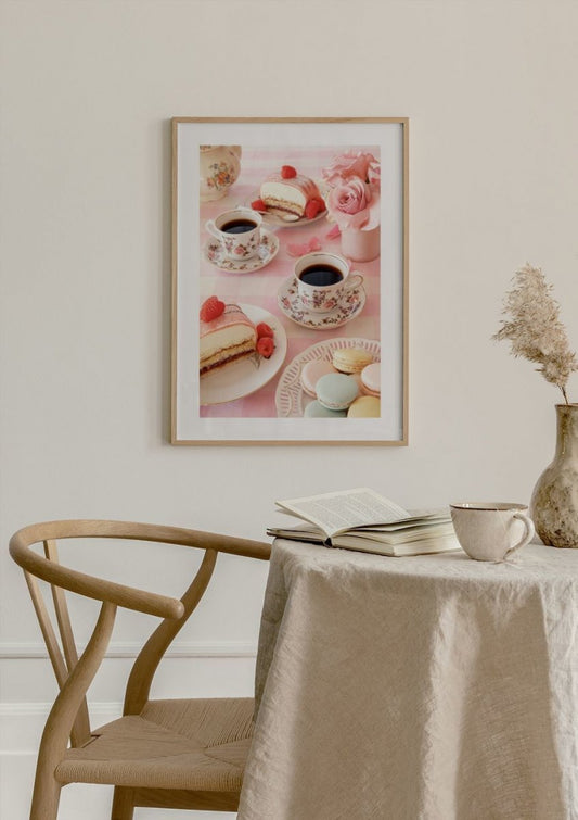 Watercolor coffee and cake poster for nursery and home wall decor.