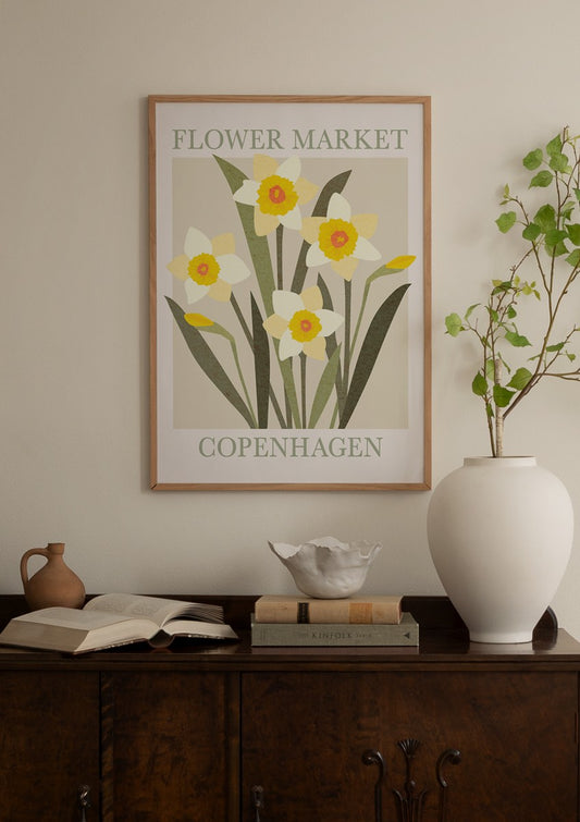 Watercolor copenhagen flower market poster for nursery and home wall decor.