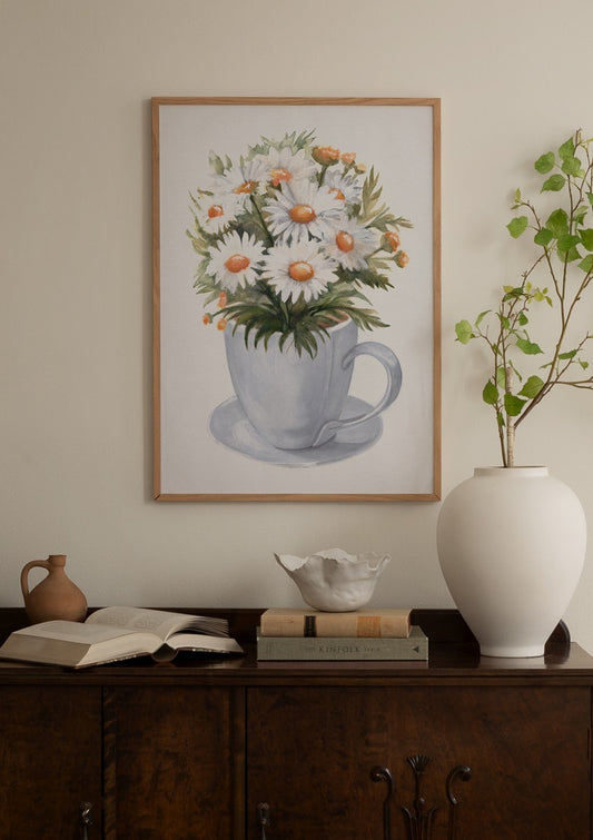 Watercolor cup of daisies poster for nursery and home wall decor.