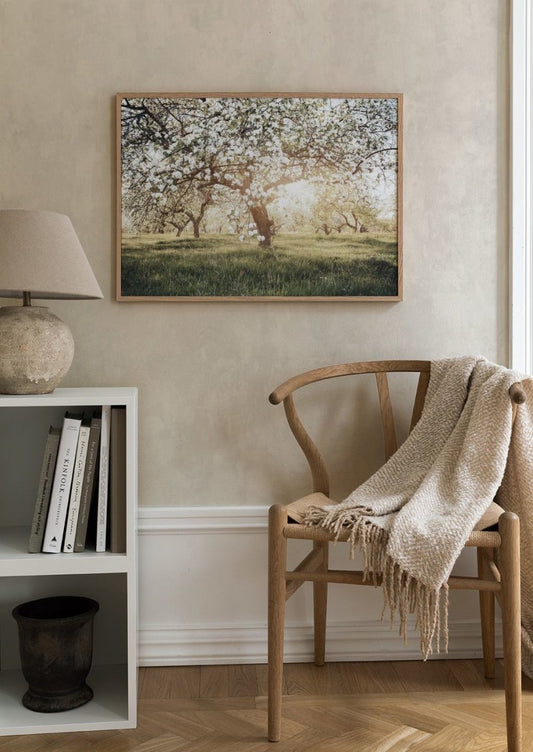 Watercolor blooming trees in sunlight poster for nursery and home wall decor.