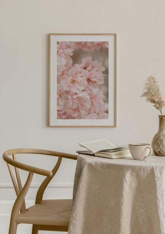Watercolor pink cherry blossom poster for nursery and home wall decor.