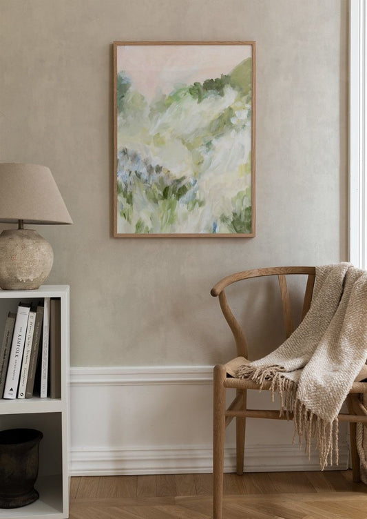 Watercolor abstract spring landscape poster for nursery and home wall decor.