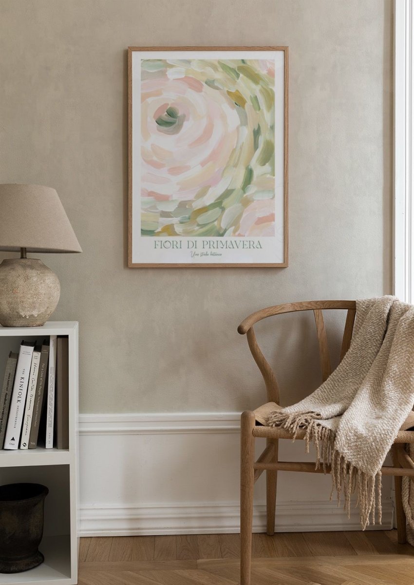 Watercolor abstract spring flowers poster for nursery and home wall decor.