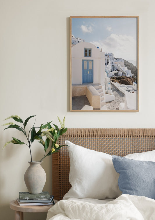 Watercolor greek village poster for nursery and home wall decor.