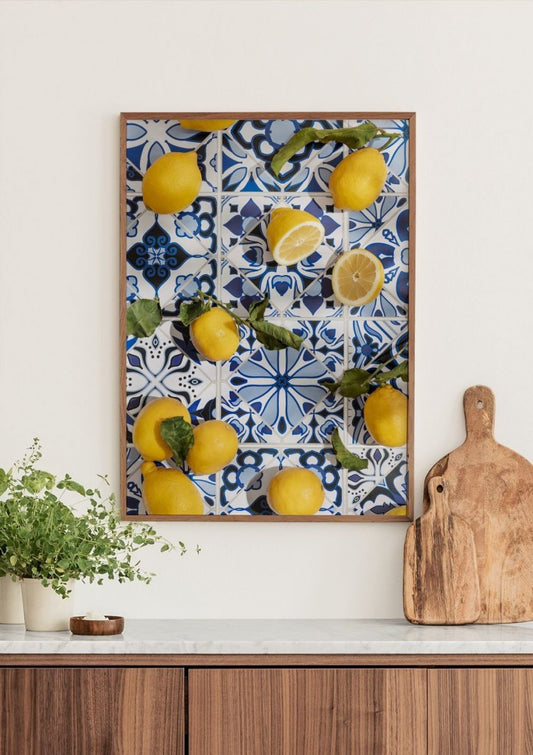 Watercolor tiles and lemons poster for nursery and home wall decor.