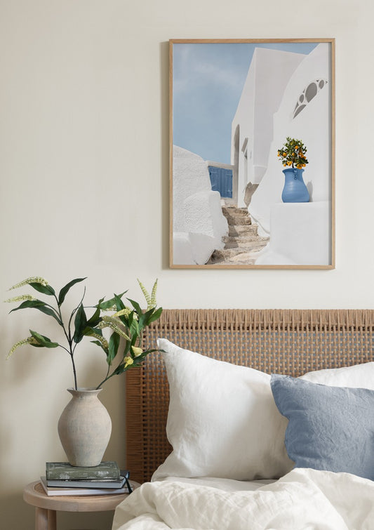 Watercolor mediterranean stairs poster for nursery and home wall decor.