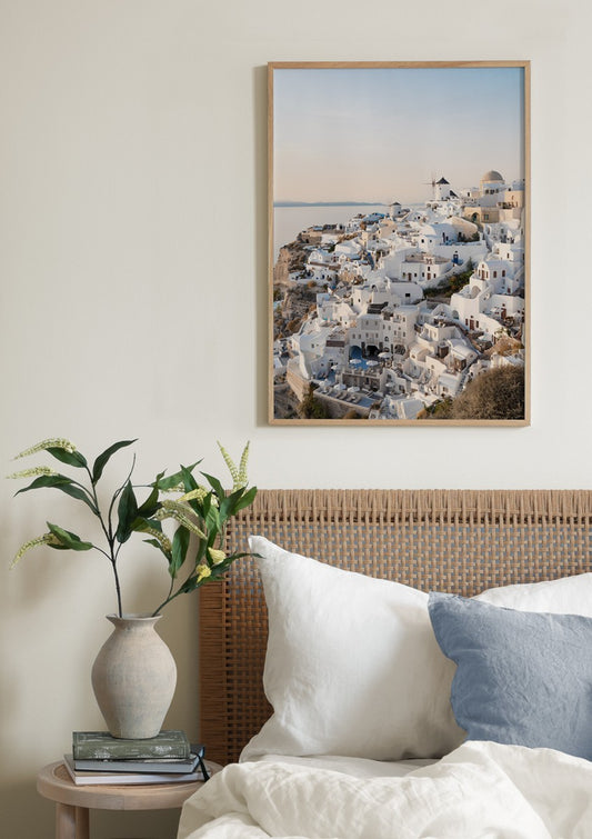 Watercolor santorini town poster for nursery and home wall decor.