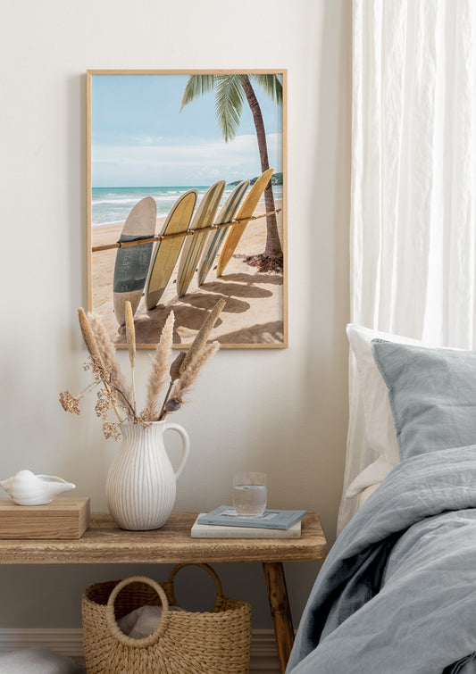 Watercolor lined up surfboards poster for nursery and home wall decor.