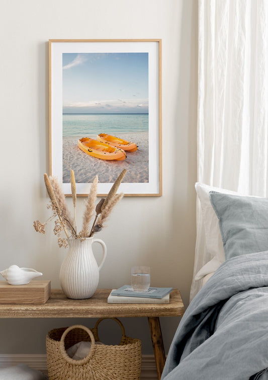 Watercolor pair of ocean kayaks poster for nursery and home wall decor.