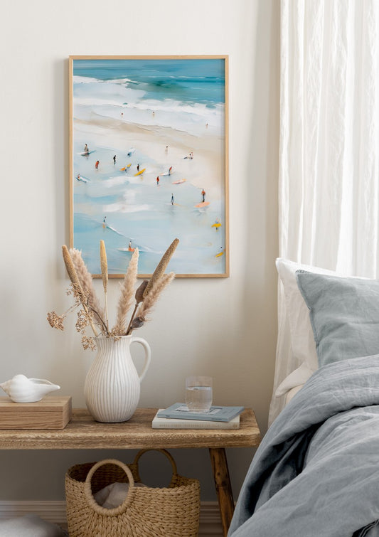 Watercolor surfer's paradise poster for nursery and home wall decor.