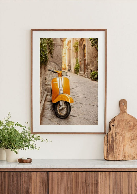 Watercolor orange vespa poster for nursery and home wall decor.