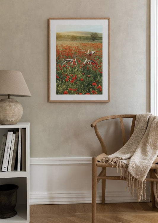 Watercolor bicycle on field poster for nursery and home wall decor.