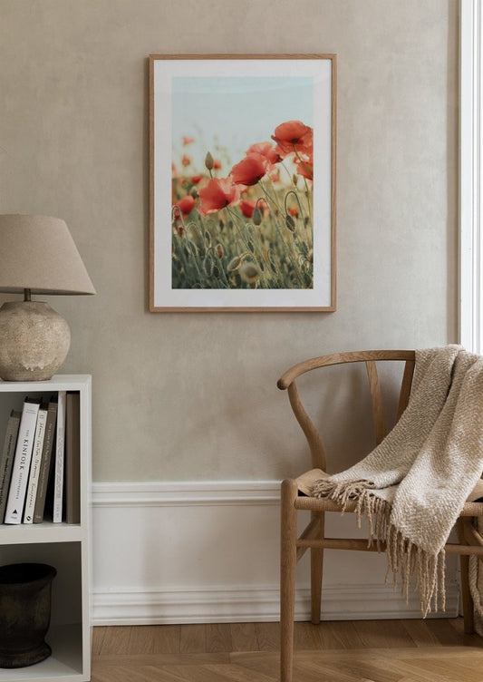Watercolor field of poppies poster for nursery and home wall decor.