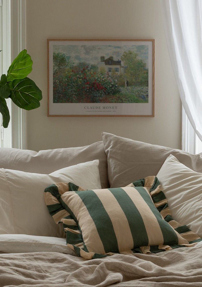 Watercolor monet - a corner of the garden with dahlias poster for nursery and home wall decor.