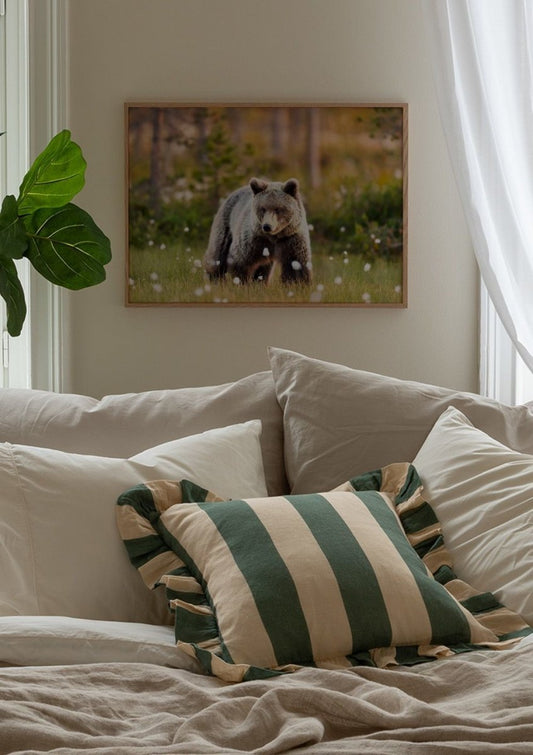 Watercolor bear in meadow poster for nursery and home wall decor.